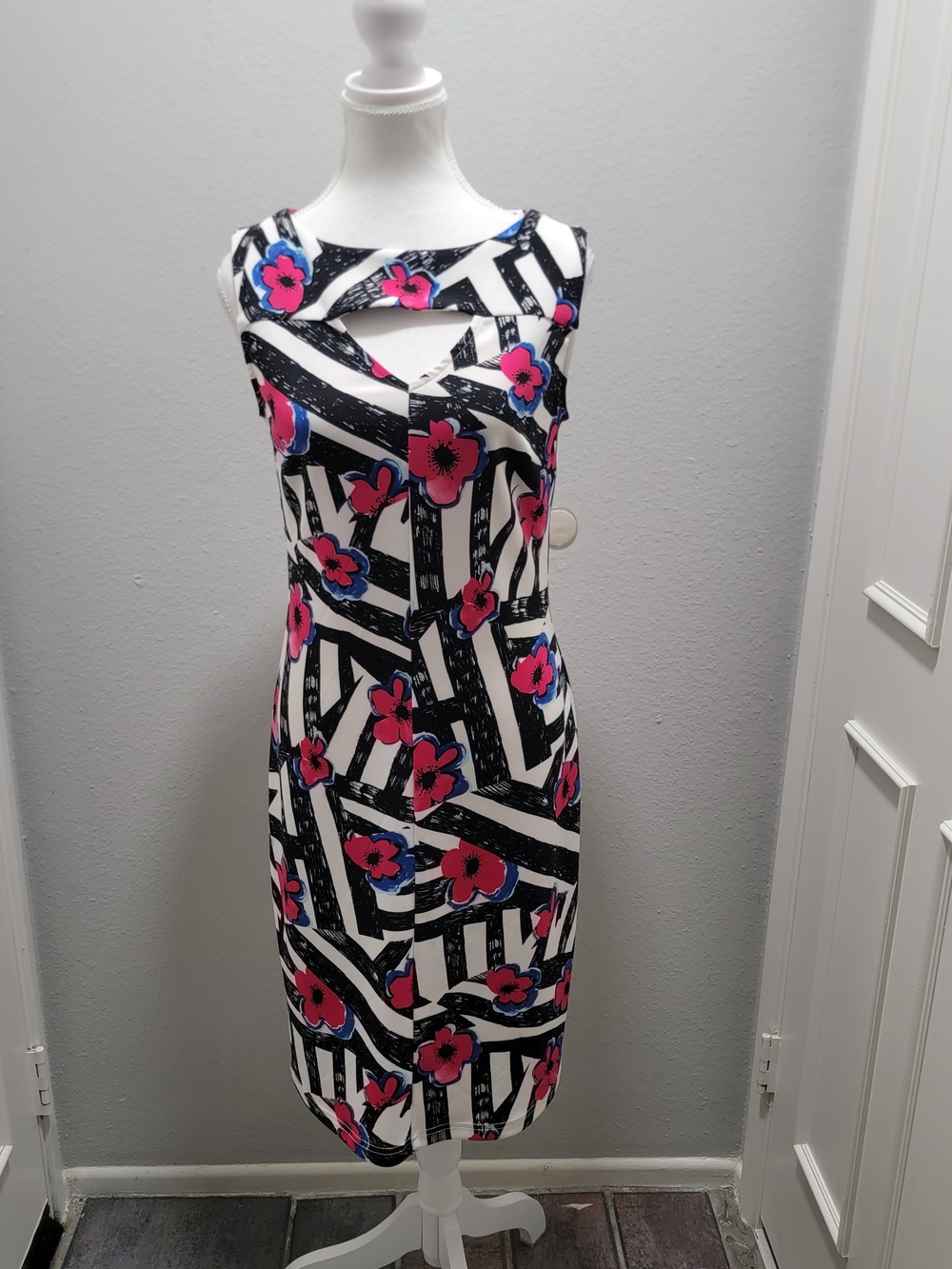 Joseph Ribkoff Black, White & Pink Floral Striped Midi Dress
